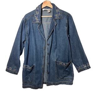 Vintage Cervelle Long Button Front Denim Chambray Jacket Floral Embroidered